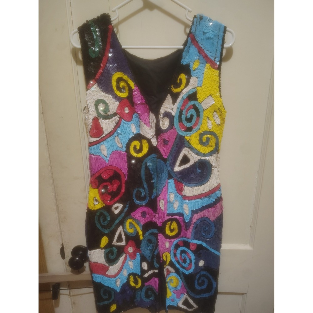 Alexa Vintage Silk Sequin Mini Dress Womens Large Abstract Multi Color Party L